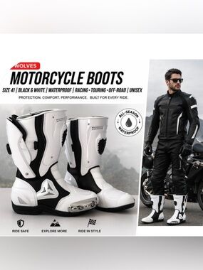 JG WOLVES Motorcycle Boots Sz 41 Black White Waterproof Riding Off-Road Unisex